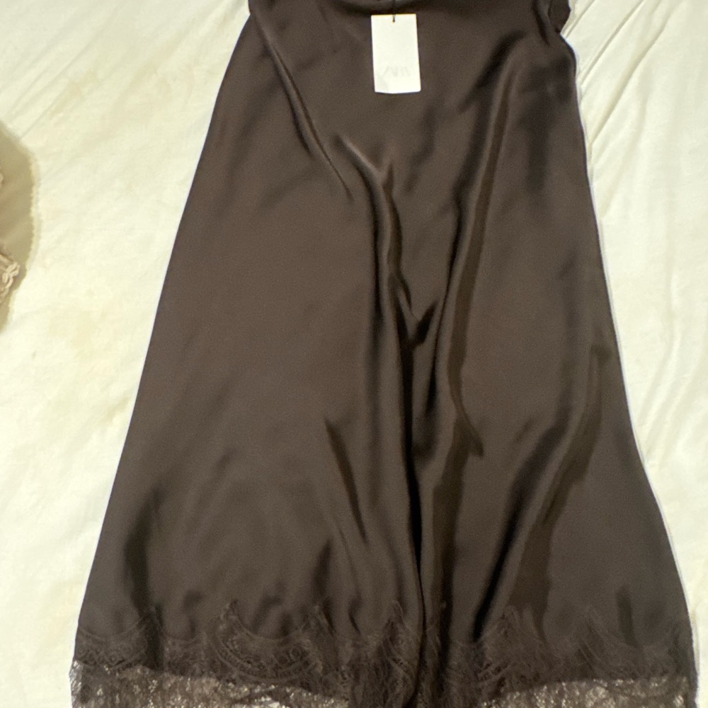 Brown Lace-Trim Silk Skirt